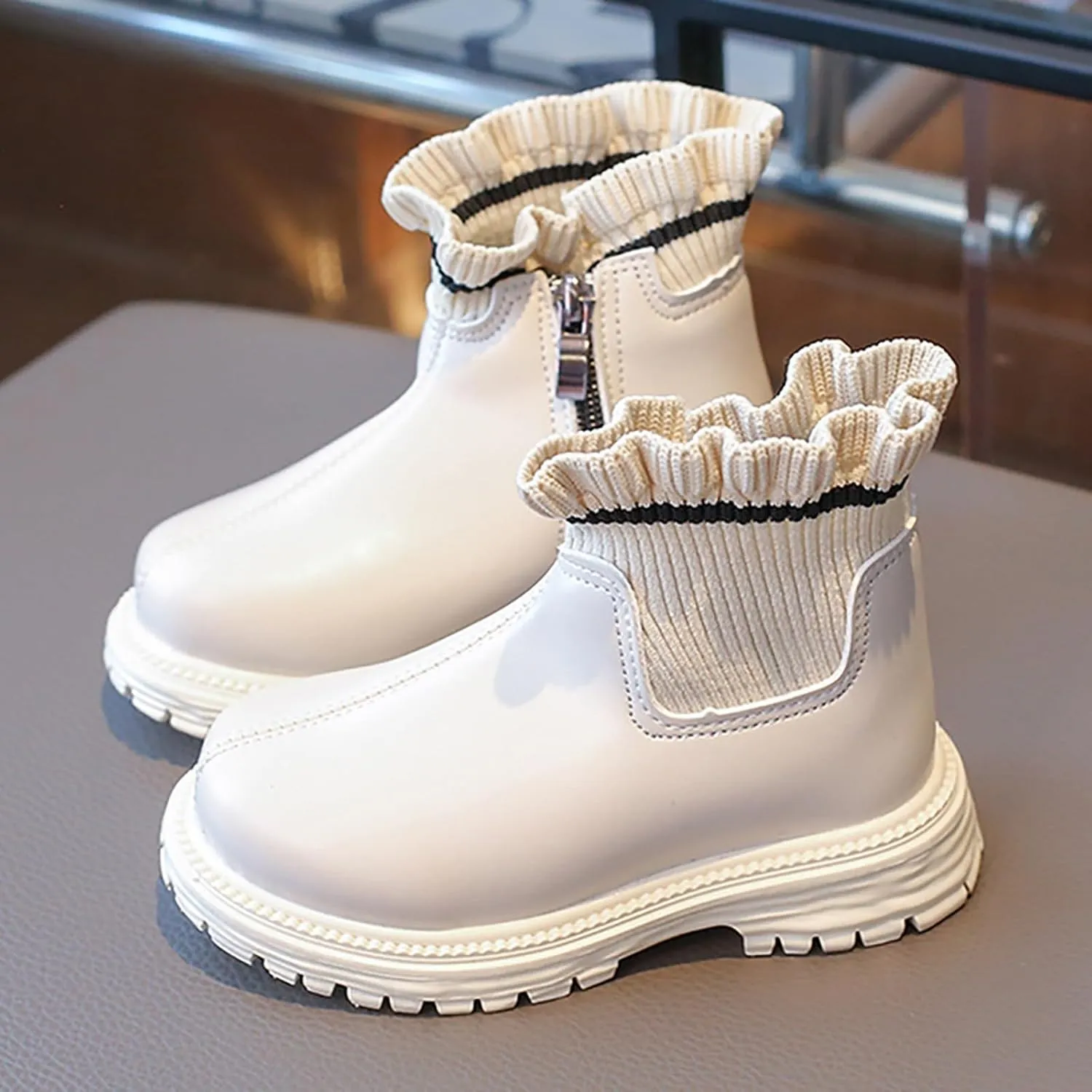 Ankle Boots for Girls Ruffle Side Zip Slip On Casual Short Booties Lug Sole Chunky Low Heel Short Dress Boot Shoes