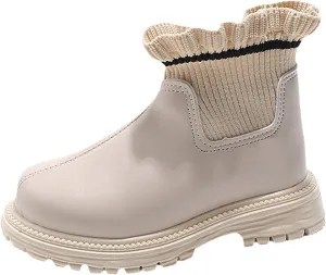 Ankle Boots for Girls Ruffle Side Zip Slip On Casual Short Booties Lug Sole Chunky Low Heel Short Dress Boot Shoes