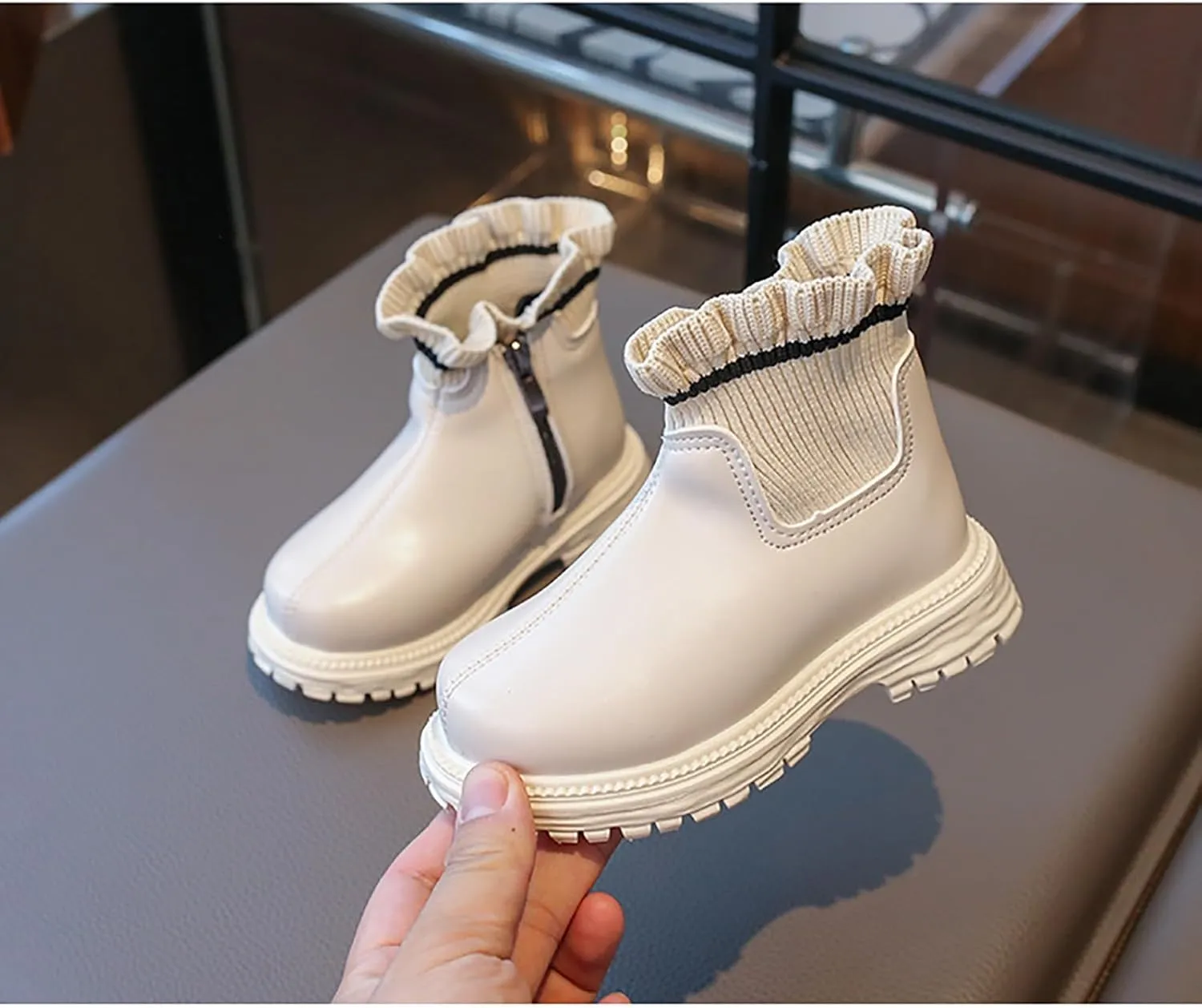 Ankle Boots for Girls Ruffle Side Zip Slip On Casual Short Booties Lug Sole Chunky Low Heel Short Dress Boot Shoes