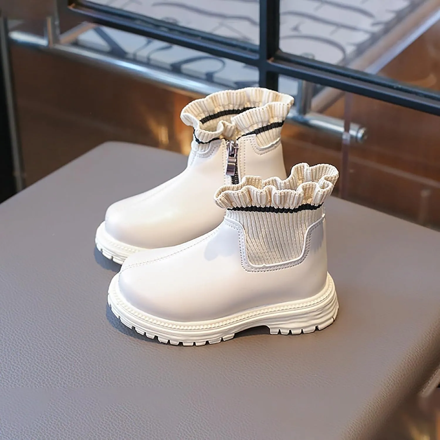 Ankle Boots for Girls Ruffle Side Zip Slip On Casual Short Booties Lug Sole Chunky Low Heel Short Dress Boot Shoes