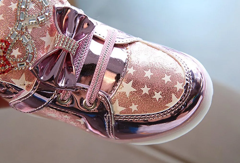 Baby Girls Glitter Bow Sneaker Toddler Light Up Soft Sole Sport Shoes Outdoor Indoor Fashion First Walking Non Slip
