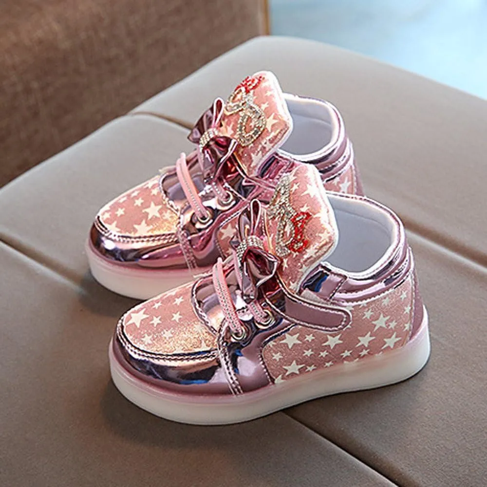 Baby Girls Glitter Bow Sneaker Toddler Light Up Soft Sole Sport Shoes Outdoor Indoor Fashion First Walking Non Slip