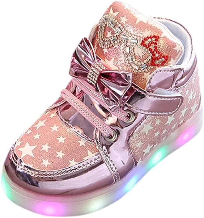 Baby Girls Glitter Bow Sneaker Toddler Light Up Soft Sole Sport Shoes Outdoor Indoor Fashion First Walking Non Slip