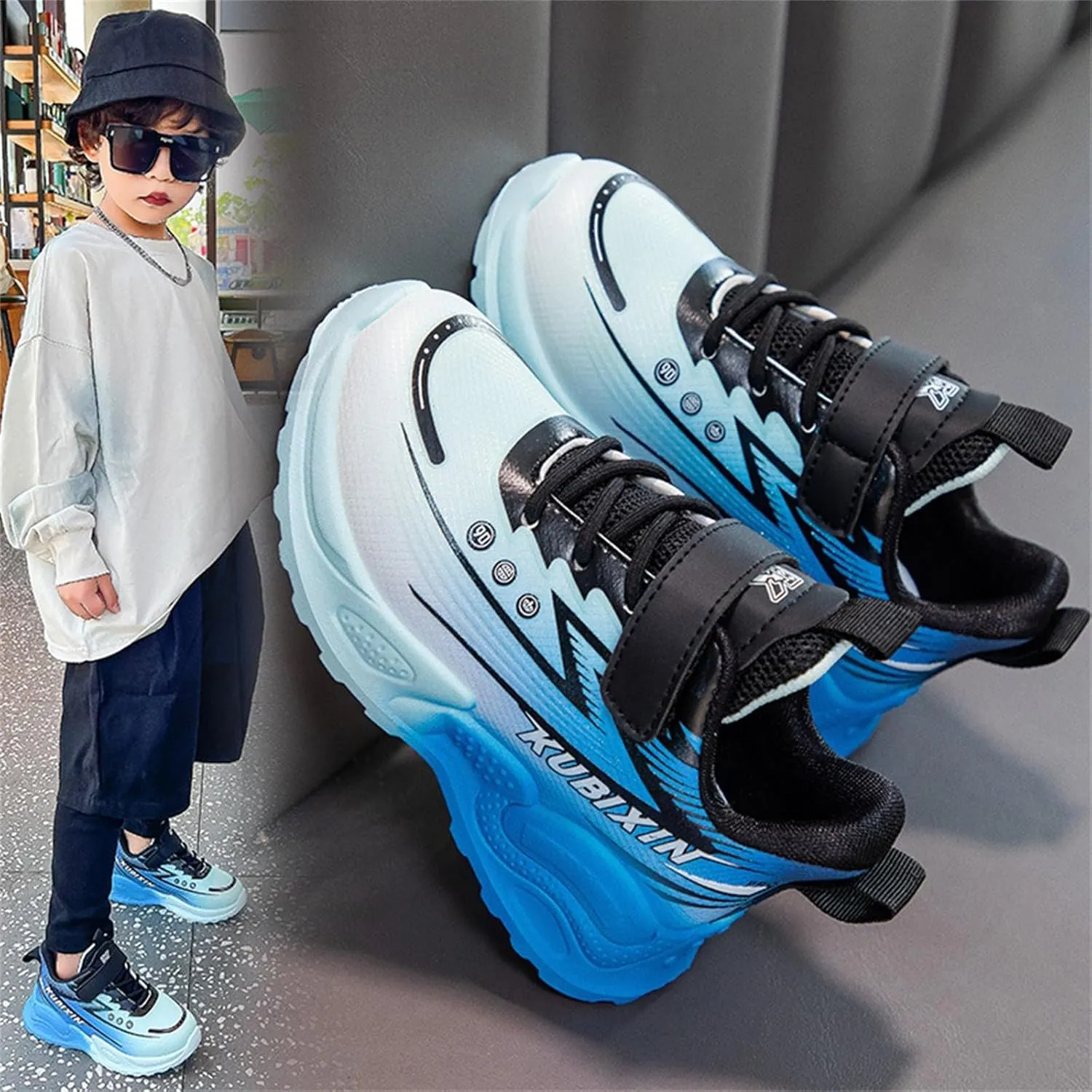 Boys Basketball Shoes, Kids High Top Sneakers, Youth Thick Sole Non Slip Comfortable Shoes with Adjustable Strap