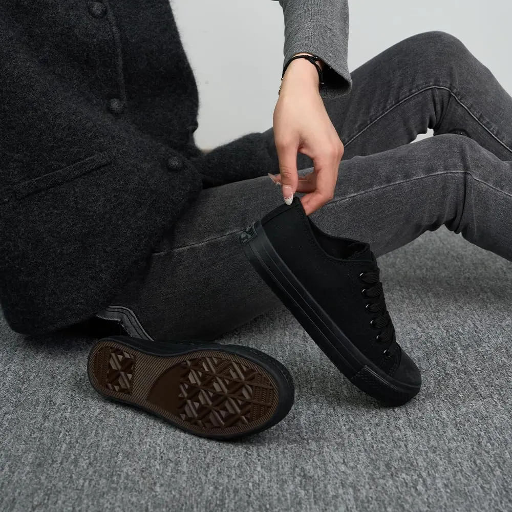 Classic Casual Black Low Cut Lace Up Canvas Shoes, Breathable Canvas Fabric Versatile Board Shoes