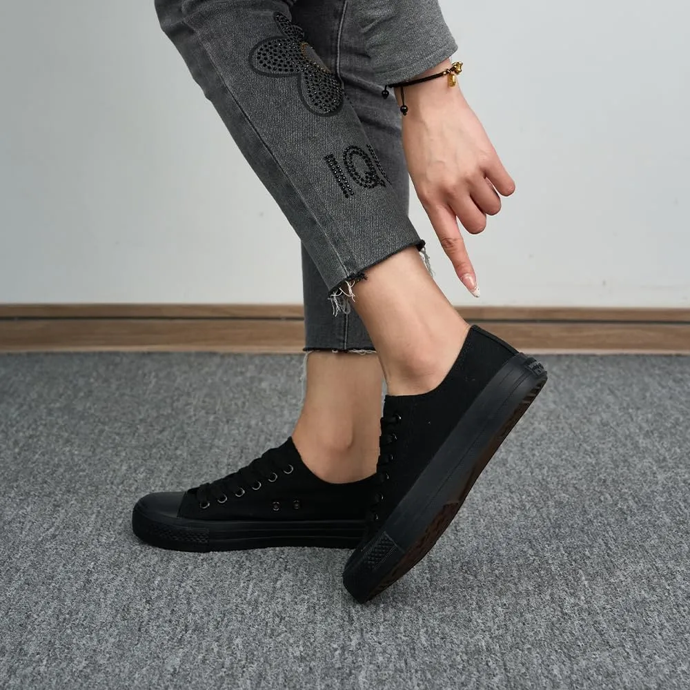 Classic Casual Black Low Cut Lace Up Canvas Shoes, Breathable Canvas Fabric Versatile Board Shoes