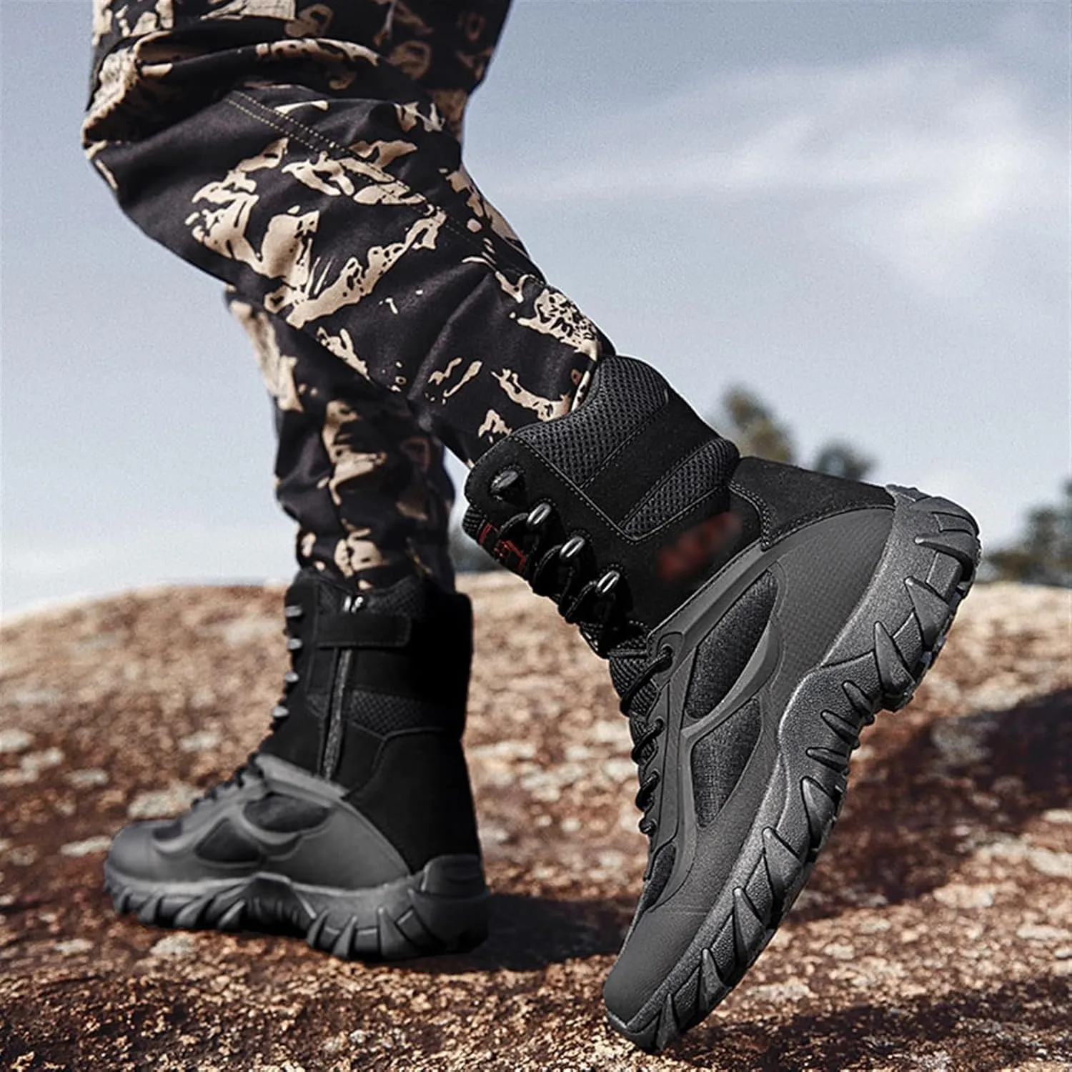 Combat Boots Men, Men's Side Zipper Lace Up Waterproof High Top Outdoor Tactical Boots, Outdoor Army Hunting Jungle Hiking Boots, for Tactical, Military, Hunting, Motorcycle
