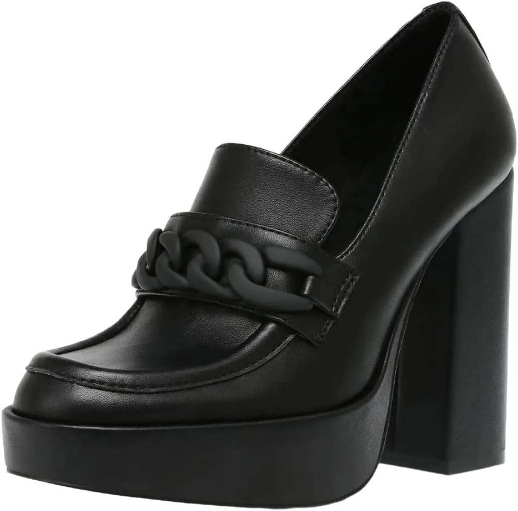 FOWT Women Platform Round Toe Pumps Chain Chunky High Heel Loafers Slip on Stable Dressy Outfit Shoes Size 4-15 US