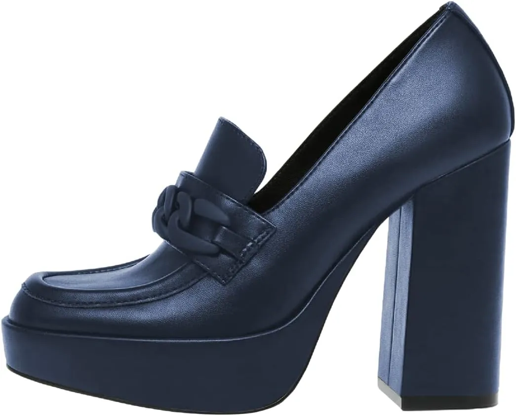 FOWT Women Platform Round Toe Pumps Chain Chunky High Heel Loafers Slip on Stable Dressy Outfit Shoes Size 4-15 US