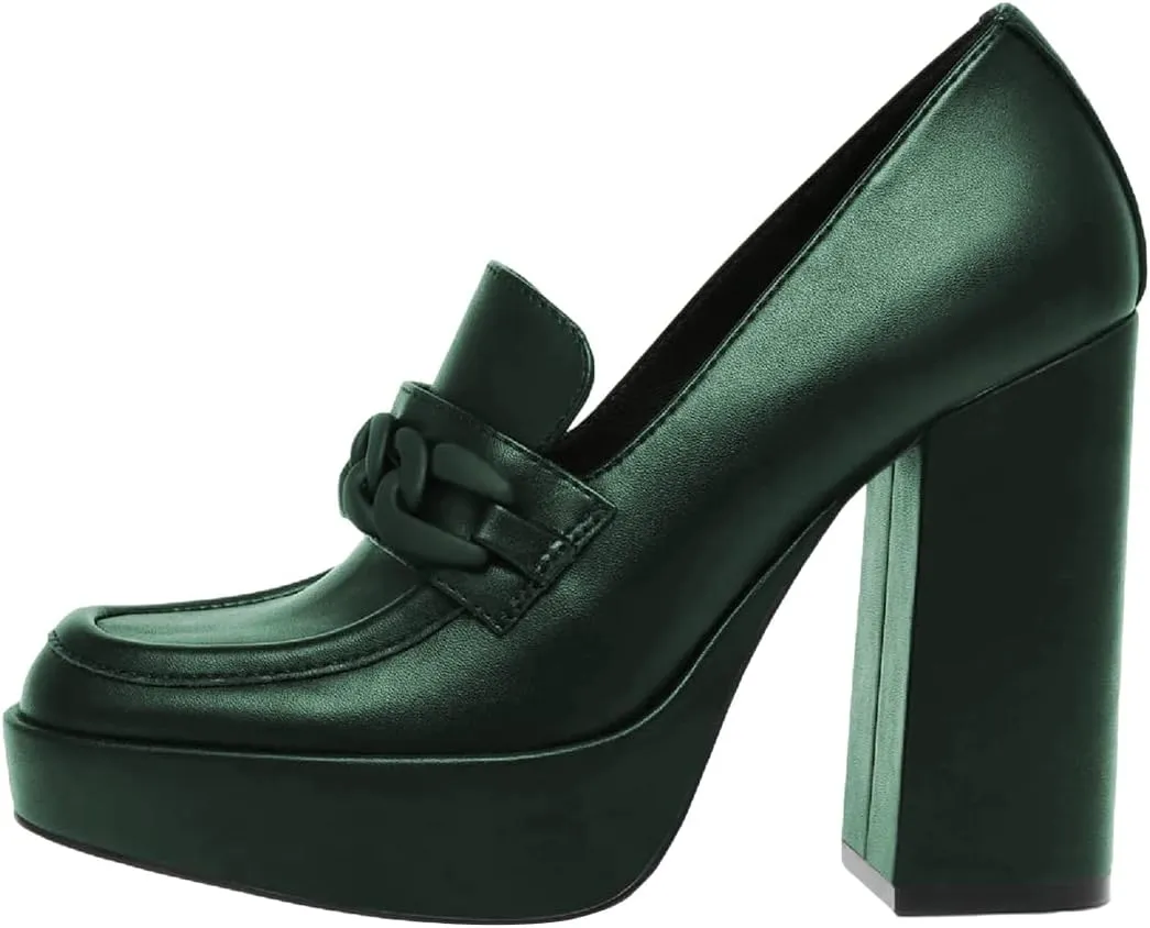 FOWT Women Platform Round Toe Pumps Chain Chunky High Heel Loafers Slip on Stable Dressy Outfit Shoes Size 4-15 US