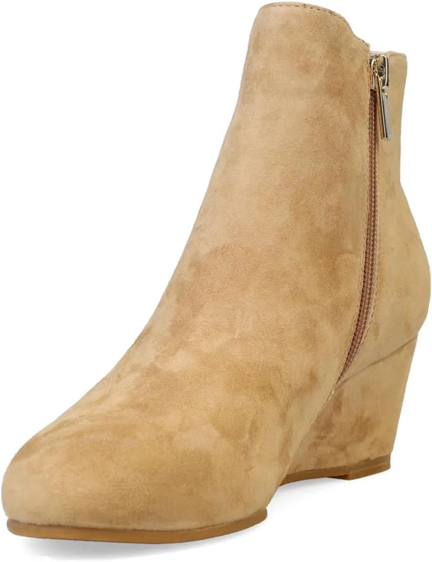 FOWT Women Round Toe Ankle Boots Stable Wedge Mid Heel Booties Side Zipper Elastic Calf Casual Fashion Shoes Size 4-16 US