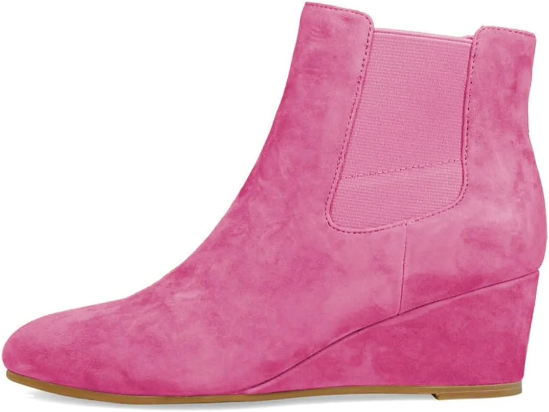 FOWT Women Round Toe Ankle Boots Stable Wedge Mid Heel Booties Side Zipper Elastic Calf Casual Fashion Shoes Size 4-16 US