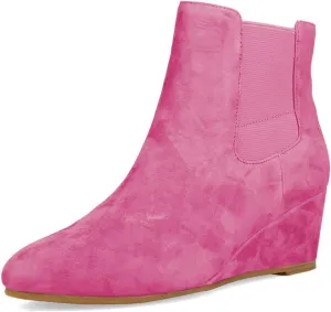FOWT Women Round Toe Ankle Boots Stable Wedge Mid Heel Booties Side Zipper Elastic Calf Casual Fashion Shoes Size 4-16 US