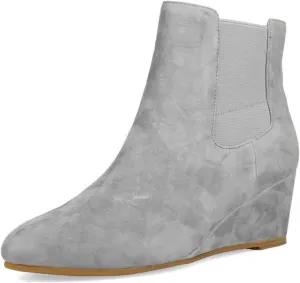 FOWT Women Round Toe Ankle Boots Stable Wedge Mid Heel Booties Side Zipper Elastic Calf Casual Fashion Shoes Size 4-16 US
