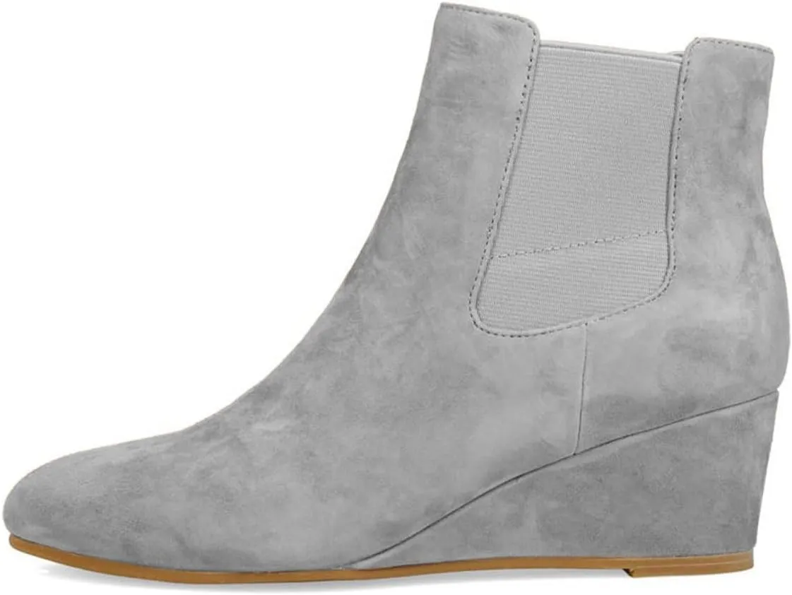 FOWT Women Round Toe Ankle Boots Stable Wedge Mid Heel Booties Side Zipper Elastic Calf Casual Fashion Shoes Size 4-16 US