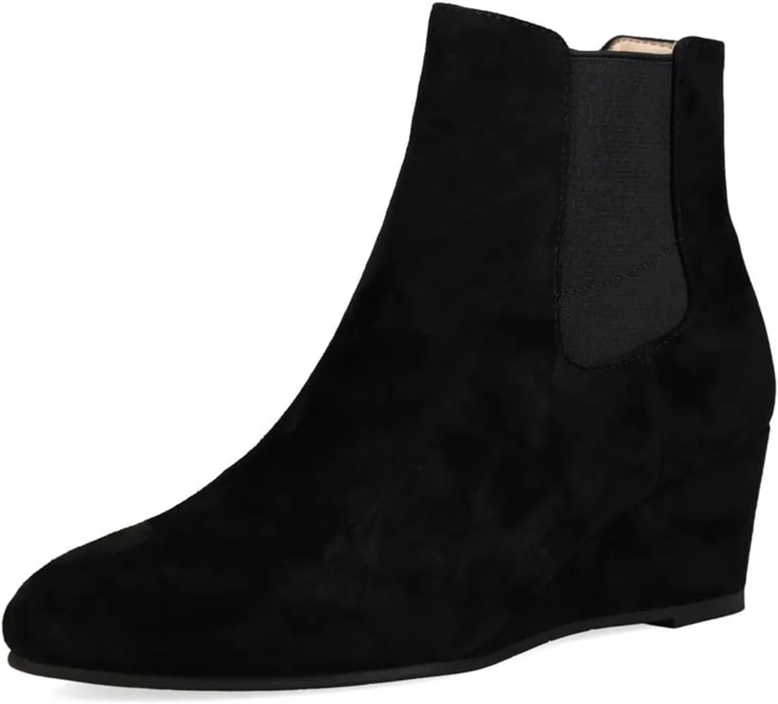 FOWT Women Round Toe Ankle Boots Stable Wedge Mid Heel Booties Side Zipper Elastic Calf Casual Fashion Shoes Size 4-16 US