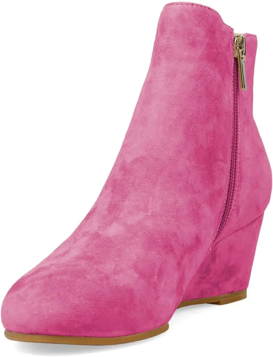 FOWT Women Round Toe Ankle Boots Stable Wedge Mid Heel Booties Side Zipper Elastic Calf Casual Fashion Shoes Size 4-16 US