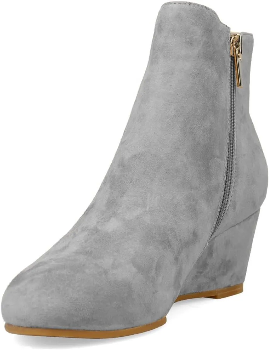 FOWT Women Round Toe Ankle Boots Stable Wedge Mid Heel Booties Side Zipper Elastic Calf Casual Fashion Shoes Size 4-16 US