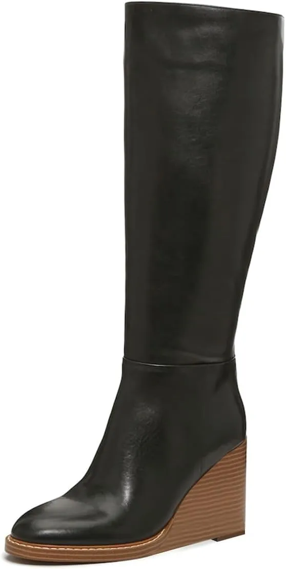 FOWT Women Round Toe Knee High Boots Stable Wedge High Heel Boots Side Zipper Daily Fall Winter Shoes Size 4-16 US