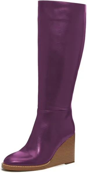 FOWT Women Round Toe Knee High Boots Stable Wedge High Heel Boots Side Zipper Daily Fall Winter Shoes Size 4-16 US