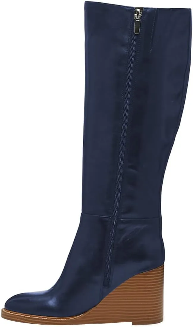FOWT Women Round Toe Knee High Boots Stable Wedge High Heel Boots Side Zipper Daily Fall Winter Shoes Size 4-16 US