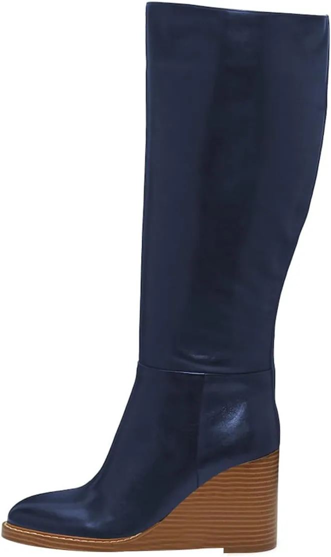 FOWT Women Round Toe Knee High Boots Stable Wedge High Heel Boots Side Zipper Daily Fall Winter Shoes Size 4-16 US