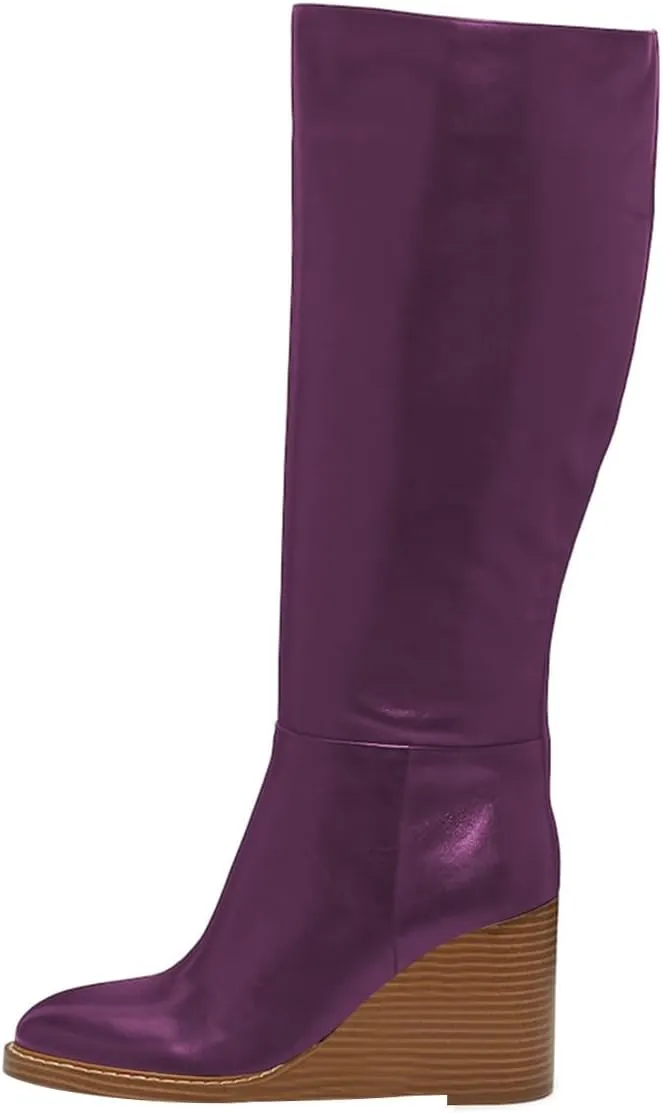 FOWT Women Round Toe Knee High Boots Stable Wedge High Heel Boots Side Zipper Daily Fall Winter Shoes Size 4-16 US