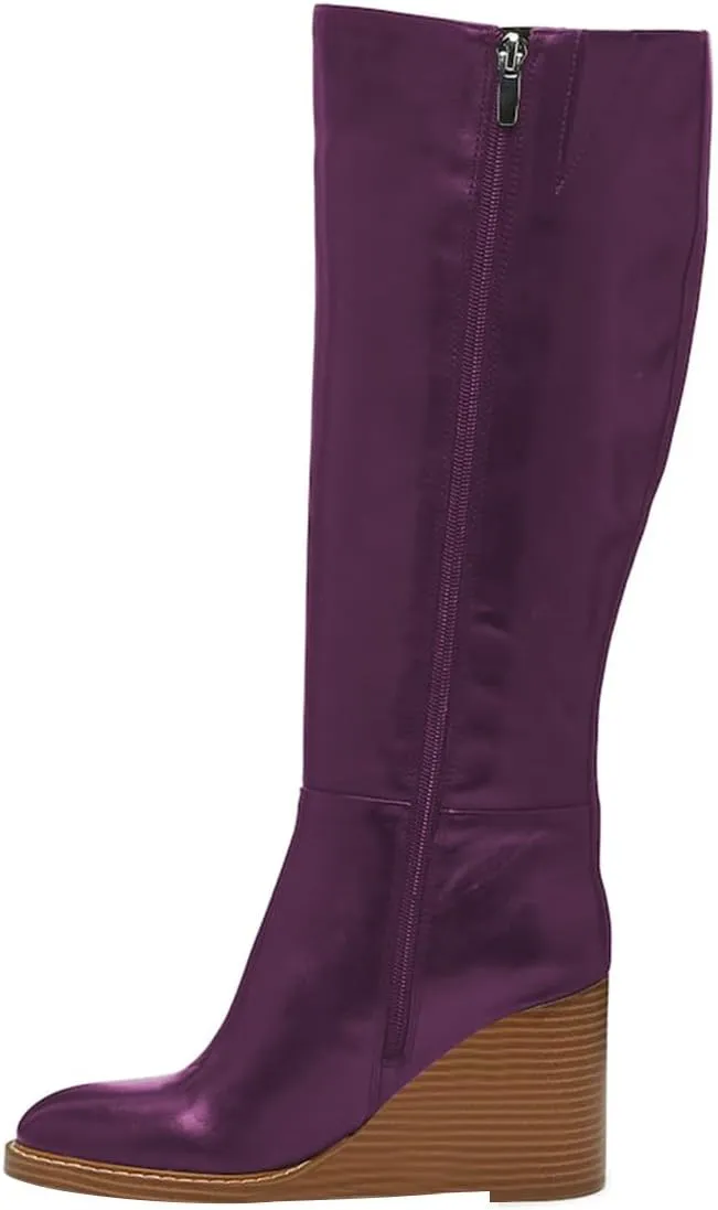 FOWT Women Round Toe Knee High Boots Stable Wedge High Heel Boots Side Zipper Daily Fall Winter Shoes Size 4-16 US