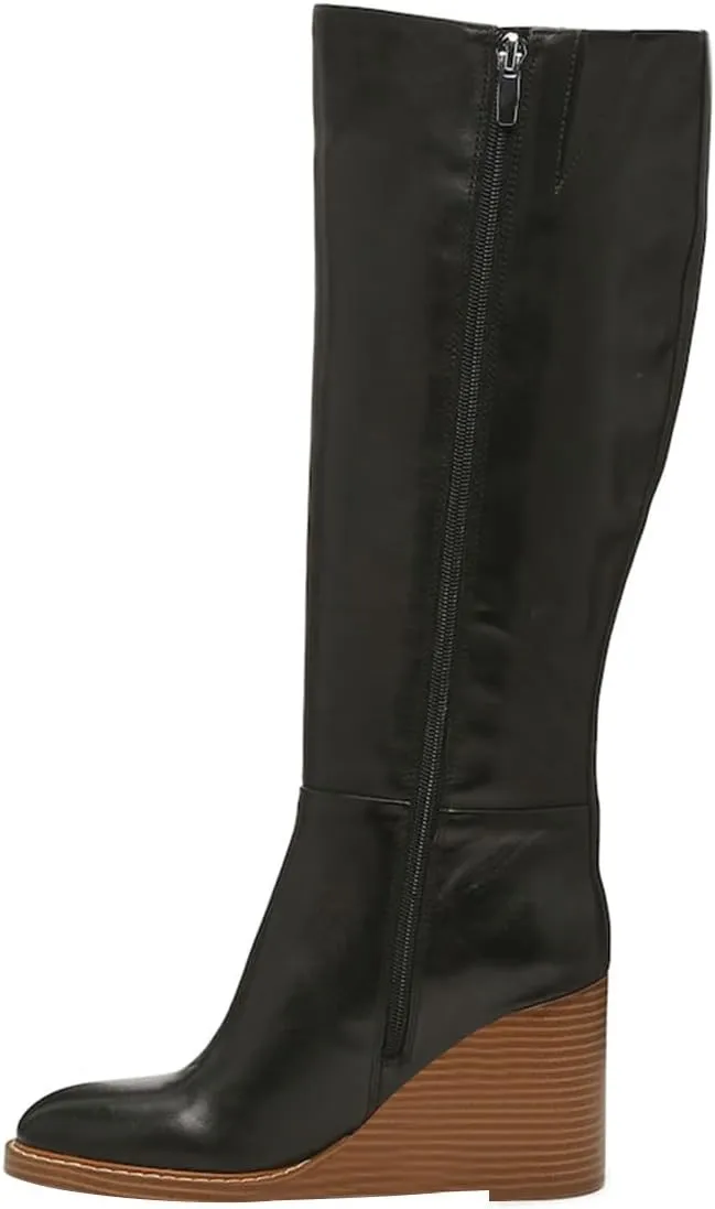 FOWT Women Round Toe Knee High Boots Stable Wedge High Heel Boots Side Zipper Daily Fall Winter Shoes Size 4-16 US