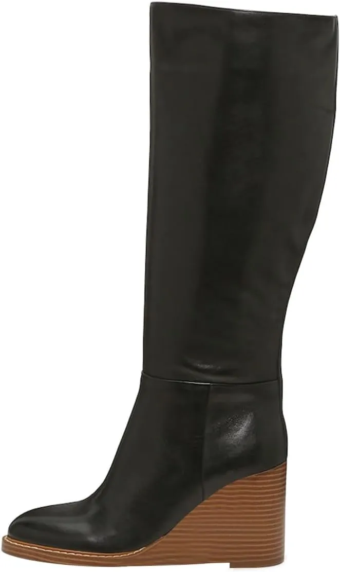 FOWT Women Round Toe Knee High Boots Stable Wedge High Heel Boots Side Zipper Daily Fall Winter Shoes Size 4-16 US