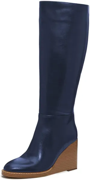 FOWT Women Round Toe Knee High Boots Stable Wedge High Heel Boots Side Zipper Daily Fall Winter Shoes Size 4-16 US