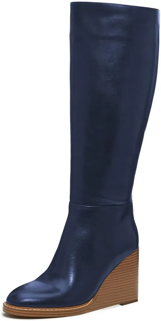 FOWT Women Round Toe Knee High Boots Stable Wedge High Heel Boots Side Zipper Daily Fall Winter Shoes Size 4-16 US