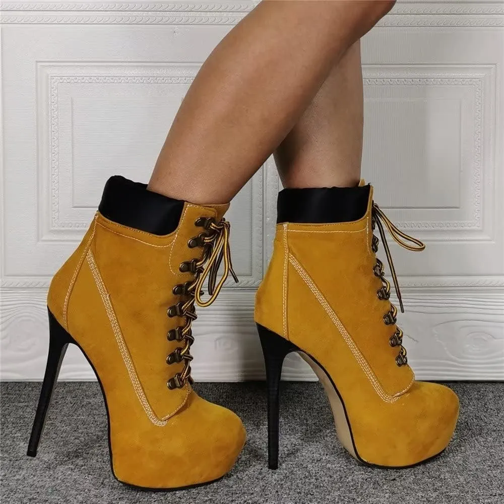 Frankie Hsu Stiletto Platform High Heeled Ankle Work Boots, Sexy Yellow Khaki Style Bootie, Big Size Fashion Designer Tooling Shoes For Women Men