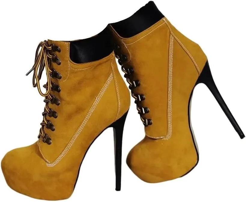 Frankie Hsu Stiletto Platform High Heeled Ankle Work Boots, Sexy Yellow Khaki Style Bootie, Big Size Fashion Designer Tooling Shoes For Women Men