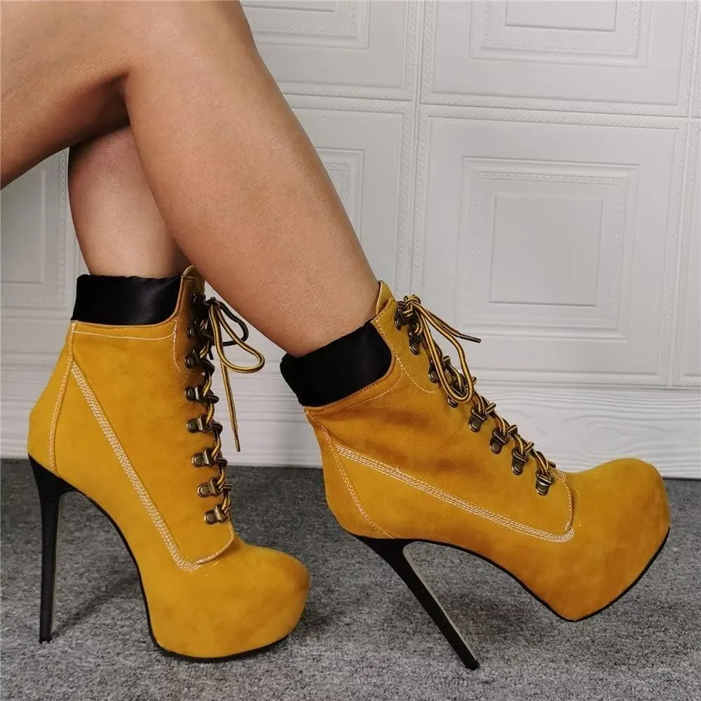 Frankie Hsu Stiletto Platform High Heeled Ankle Work Boots, Sexy Yellow Khaki Style Bootie, Big Size Fashion Designer Tooling Shoes For Women Men