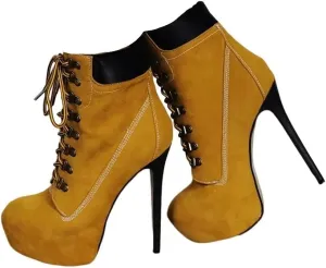 Frankie Hsu Stiletto Platform High Heeled Ankle Work Boots, Sexy Yellow Khaki Style Bootie, Big Size Fashion Designer Tooling Shoes For Women Men
