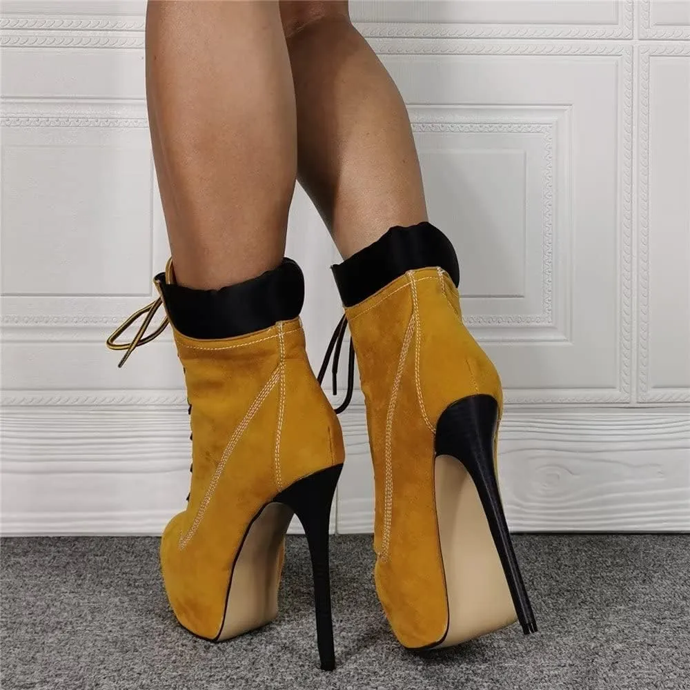 Frankie Hsu Stiletto Platform High Heeled Ankle Work Boots, Sexy Yellow Khaki Style Bootie, Big Size Fashion Designer Tooling Shoes For Women Men