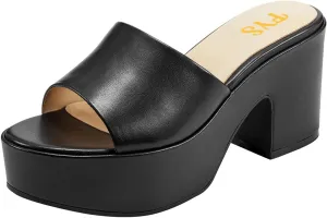 FYS Women Open Round Toe Platform Mules Slip on Chunky Block High Heel Slippers Casual Stable Outfit Beach Shoes Size 4-16 US