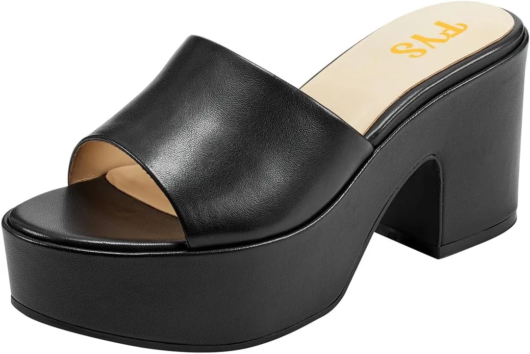 FYS Women Open Round Toe Platform Mules Slip on Chunky Block High Heel Slippers Casual Stable Outfit Beach Shoes Size 4-16 US