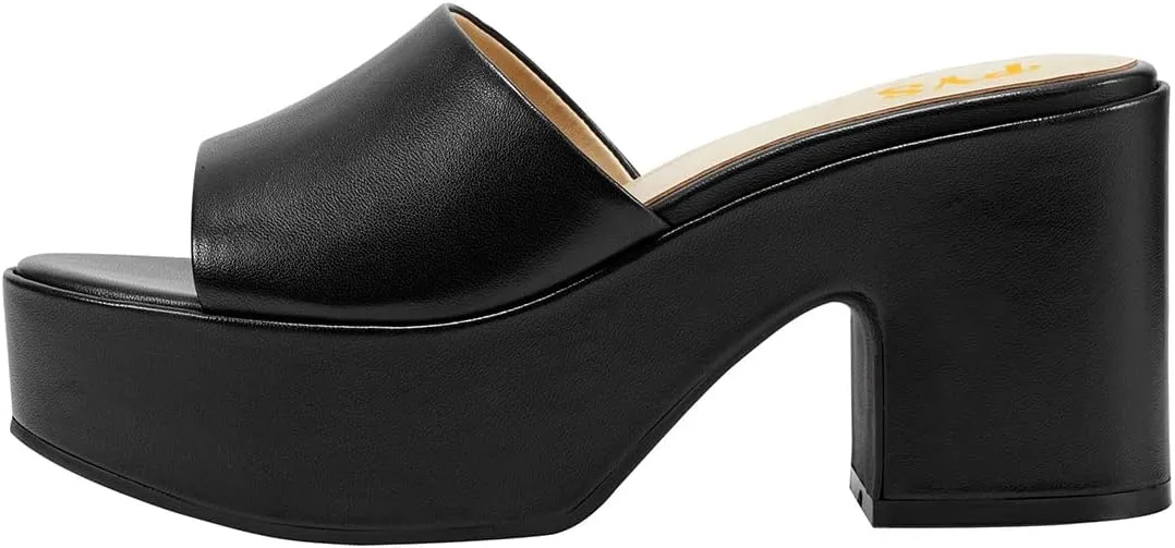 FYS Women Open Round Toe Platform Mules Slip on Chunky Block High Heel Slippers Casual Stable Outfit Beach Shoes Size 4-16 US