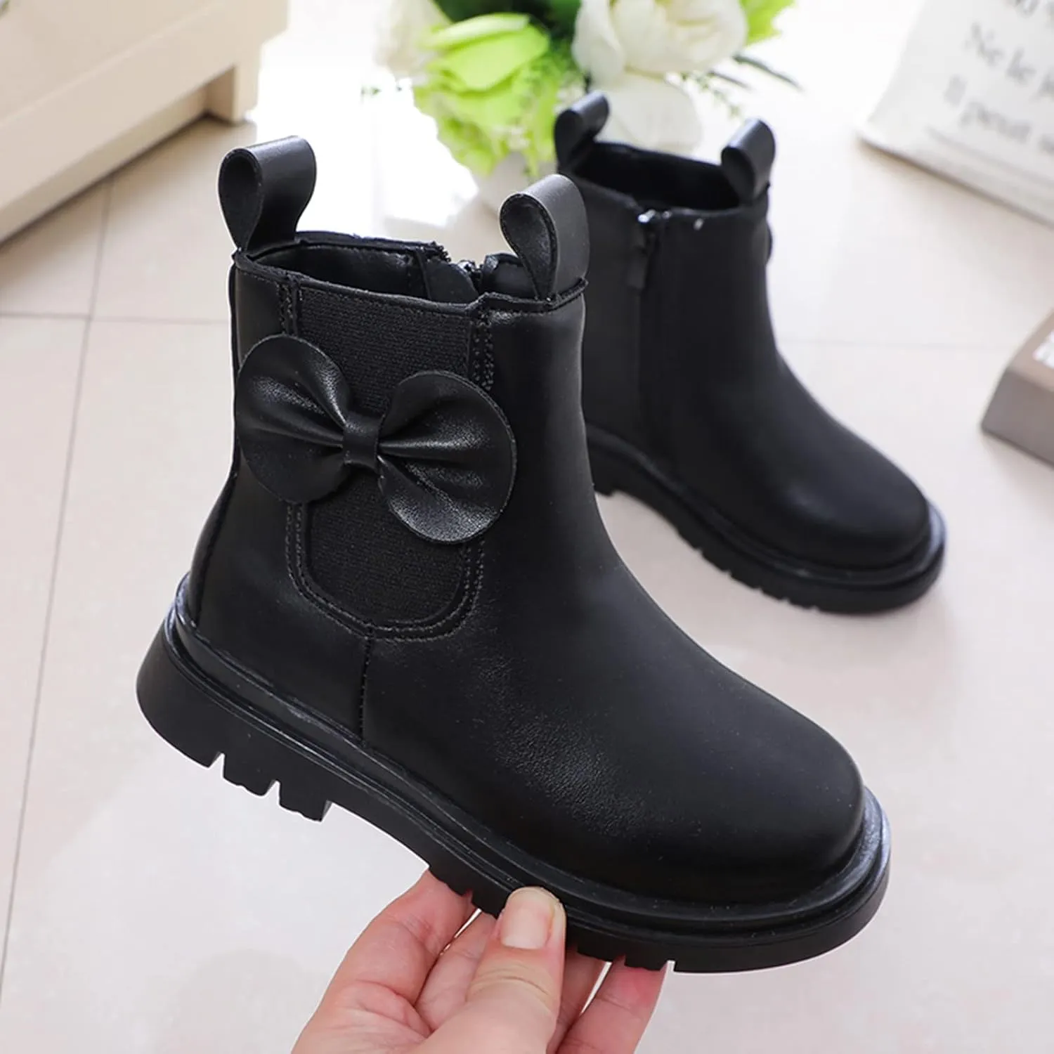 Girls Ankle Boots Leather Boots with Bow Kids Comfortable Slip on Chelsea Booties for Toddler Kids Winter Shoes