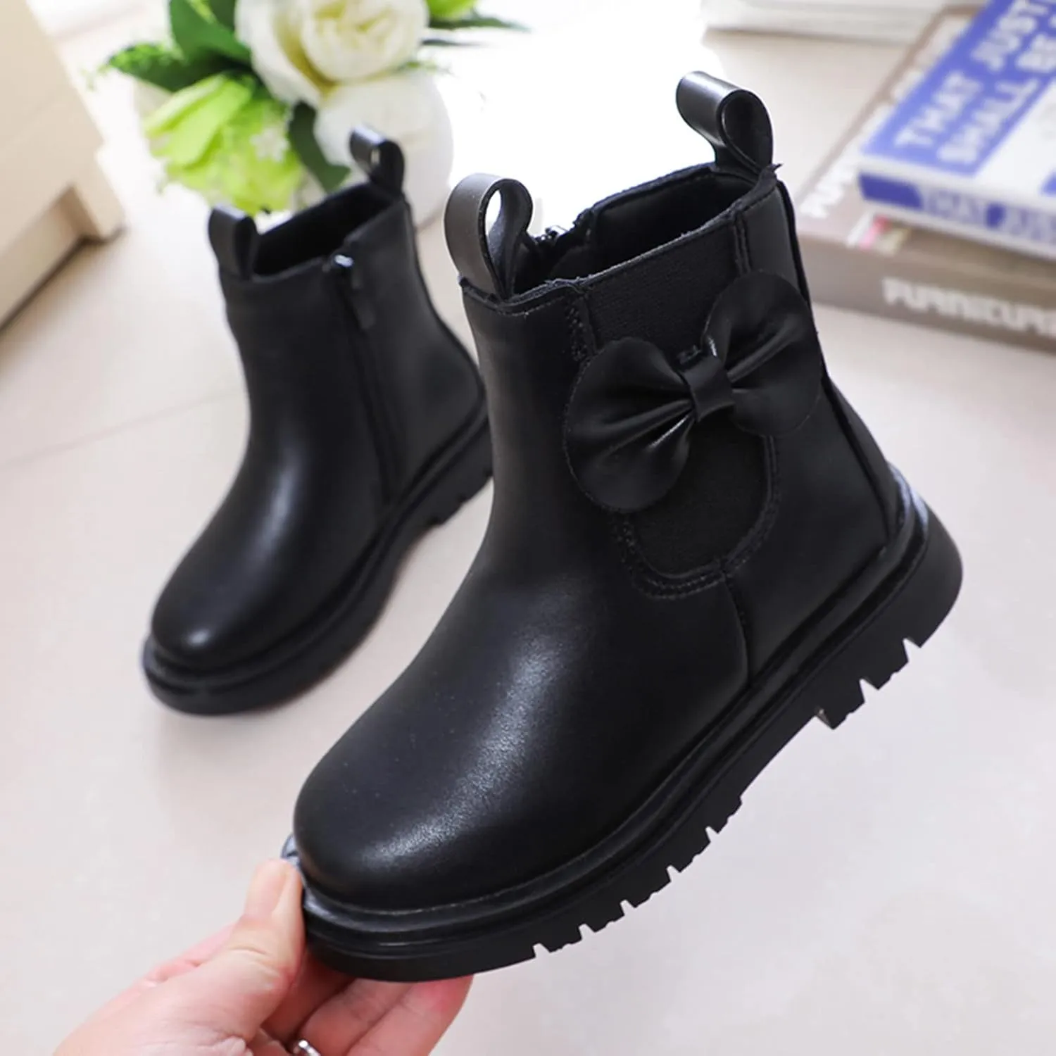 Girls Ankle Boots Leather Boots with Bow Kids Comfortable Slip on Chelsea Booties for Toddler Kids Winter Shoes