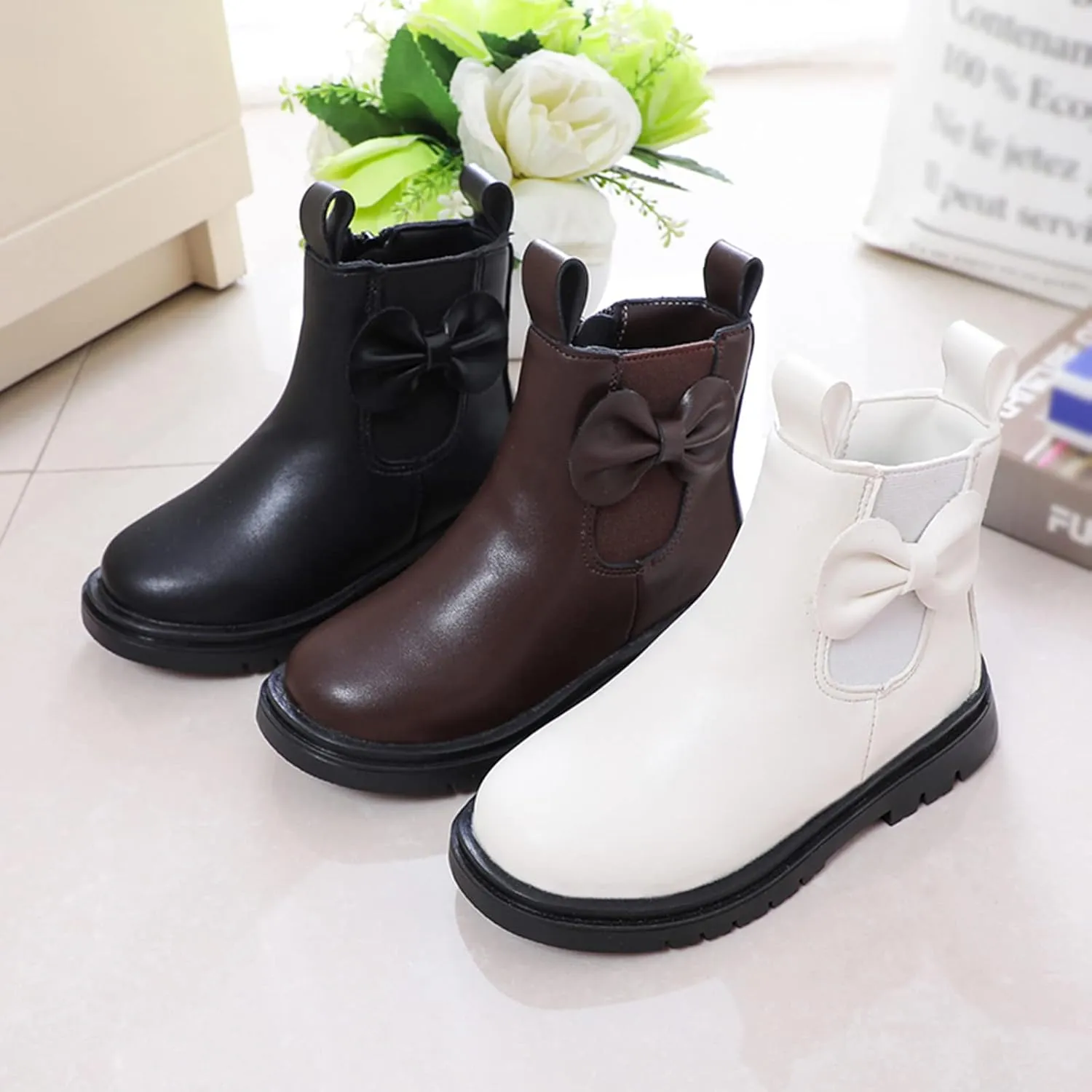 Girls Ankle Boots Leather Boots with Bow Kids Comfortable Slip on Chelsea Booties for Toddler Kids Winter Shoes