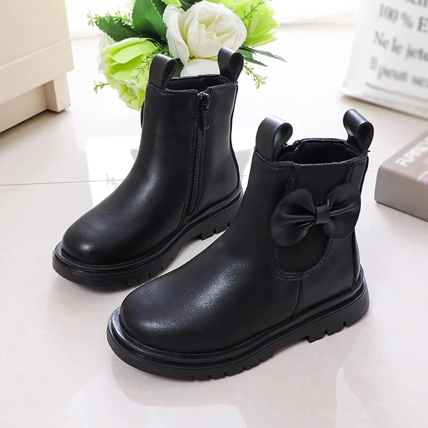 Girls Ankle Boots Leather Boots with Bow Kids Comfortable Slip on Chelsea Booties for Toddler Kids Winter Shoes