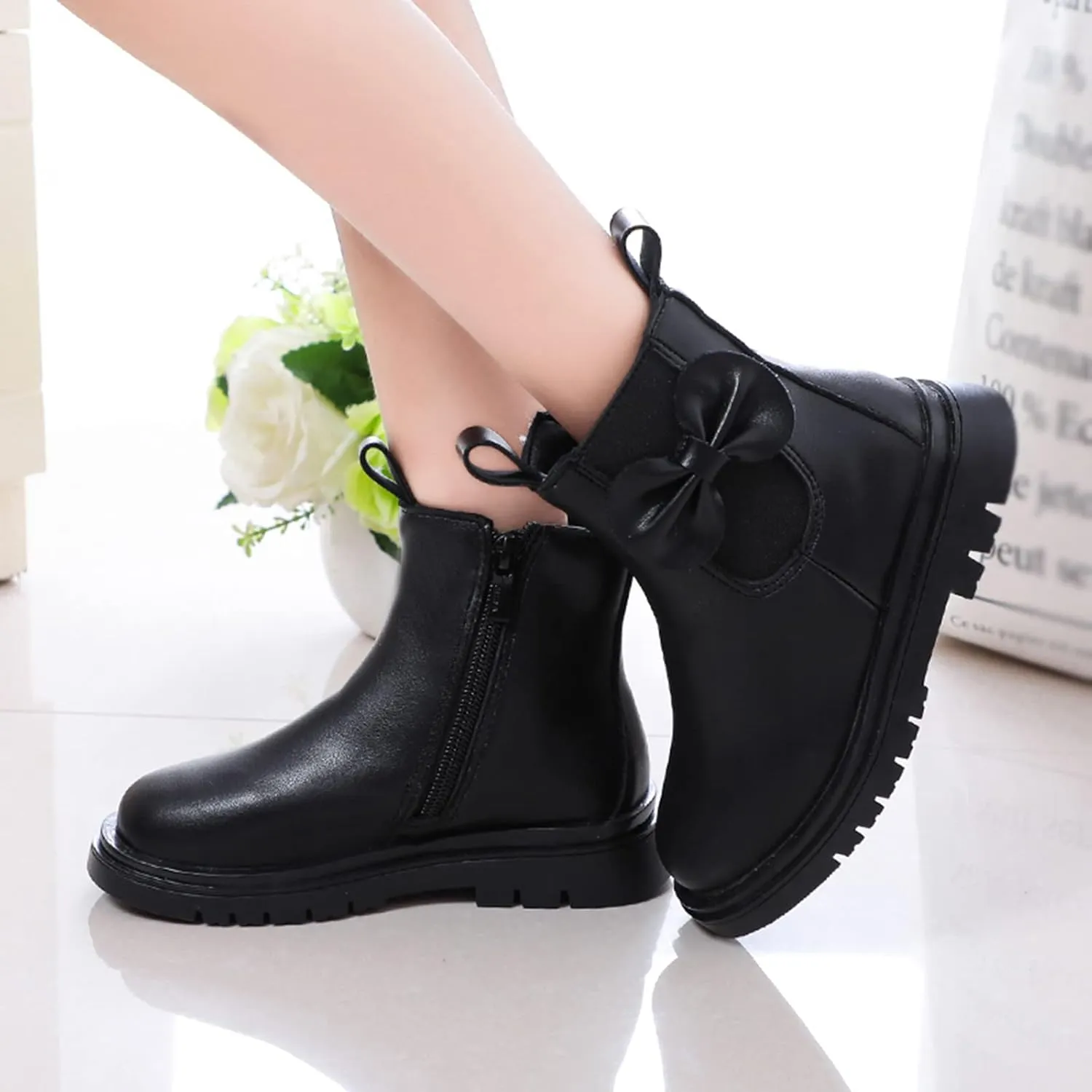 Girls Ankle Boots Leather Boots with Bow Kids Comfortable Slip on Chelsea Booties for Toddler Kids Winter Shoes