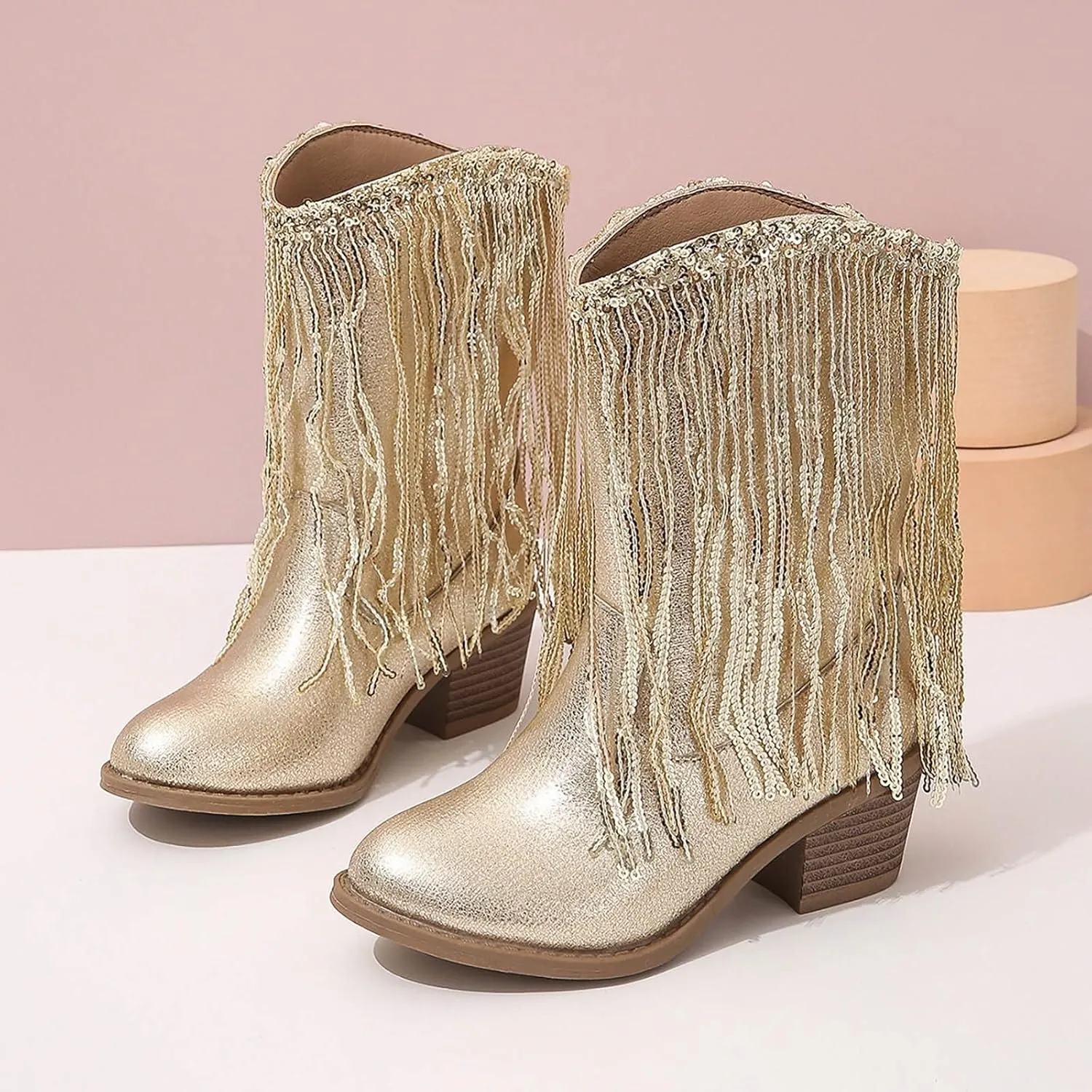 Girl's Fringe Western Boots Wide Calf Riding Cowgirl Cowboy Boots Low Chunky Heel Ankle Boot Pull-On Mid Calf Booties