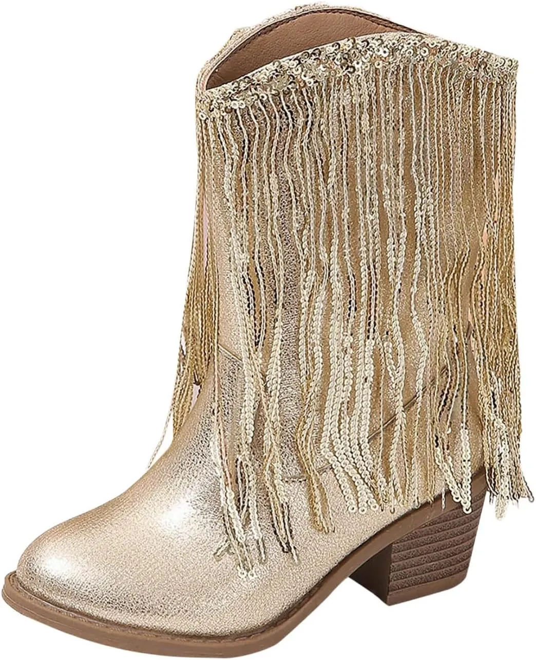 Girl's Fringe Western Boots Wide Calf Riding Cowgirl Cowboy Boots Low Chunky Heel Ankle Boot Pull-On Mid Calf Booties