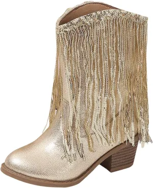 Girl's Fringe Western Boots Wide Calf Riding Cowgirl Cowboy Boots Low Chunky Heel Ankle Boot Pull-On Mid Calf Booties