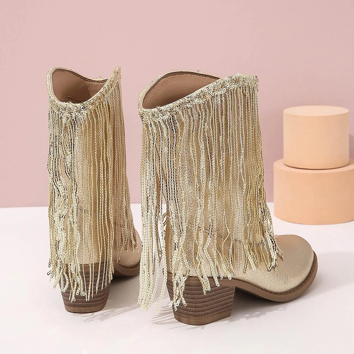 Girl's Fringe Western Boots Wide Calf Riding Cowgirl Cowboy Boots Low Chunky Heel Ankle Boot Pull-On Mid Calf Booties