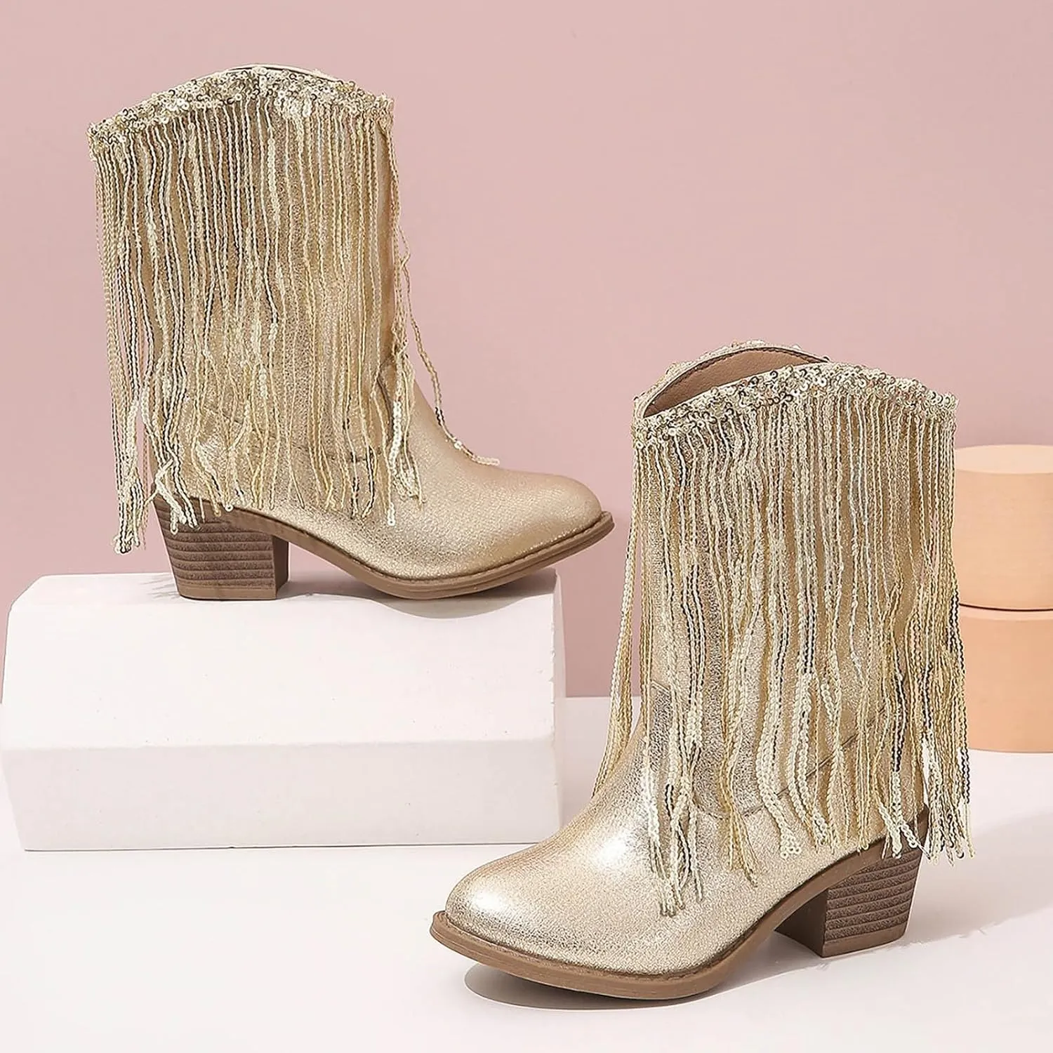 Girl's Fringe Western Boots Wide Calf Riding Cowgirl Cowboy Boots Low Chunky Heel Ankle Boot Pull-On Mid Calf Booties